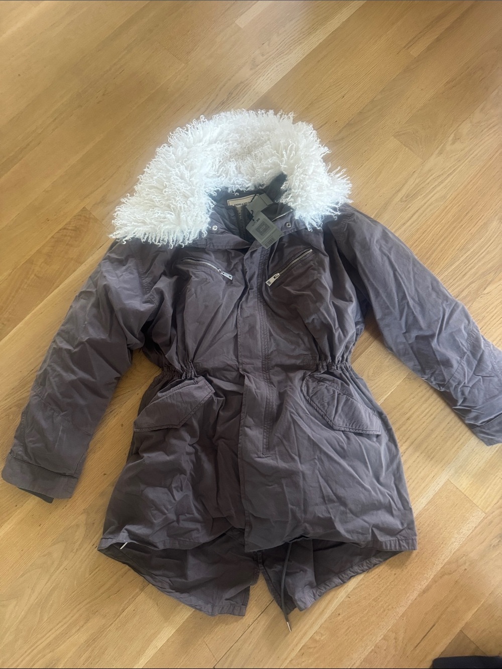 Zadig & Voltaire NWT Gray Parka with White Faux-Fur Hood